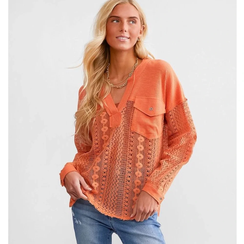 Daytrip Crochet Pieced Floral Orange Knit Top NEW - Picture 1 of 5